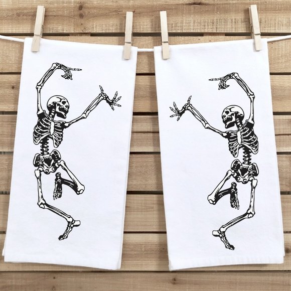 Tea Towels, Set of 2, Dancing Skeletons, Halloween - Picture 1 of 3